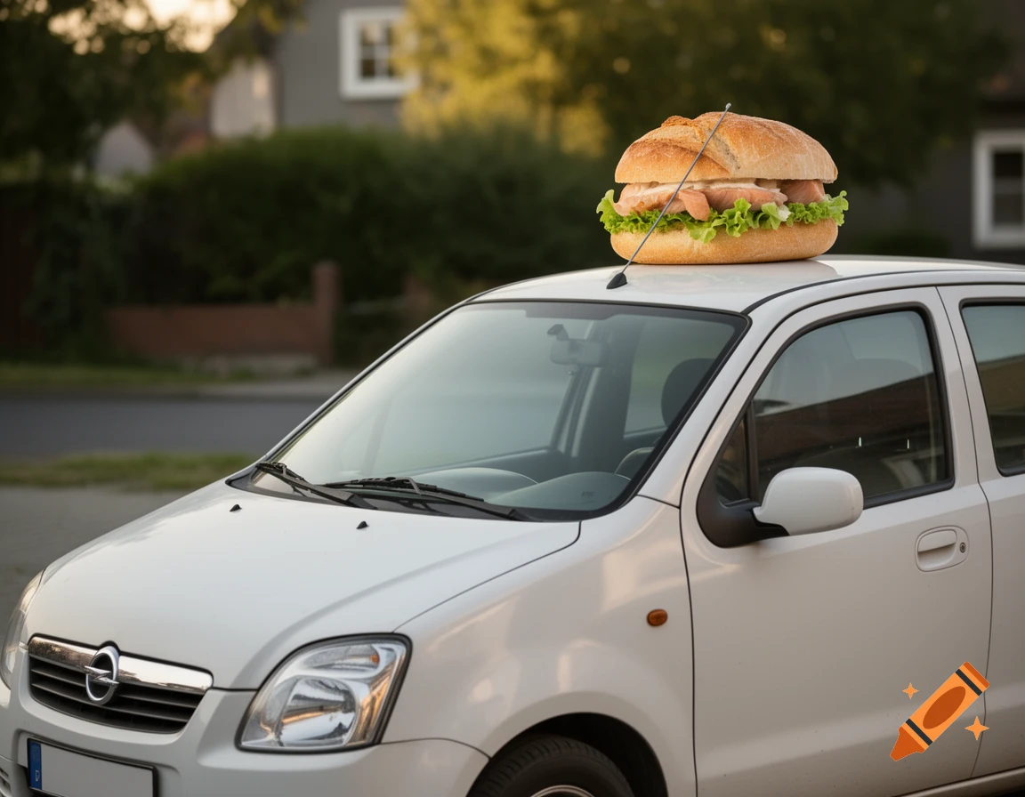 A white Opel Agila A car with a large fish roll sandwich balanced on its antenna, parked on a street with houses and trees in the background. Photorealistic style.