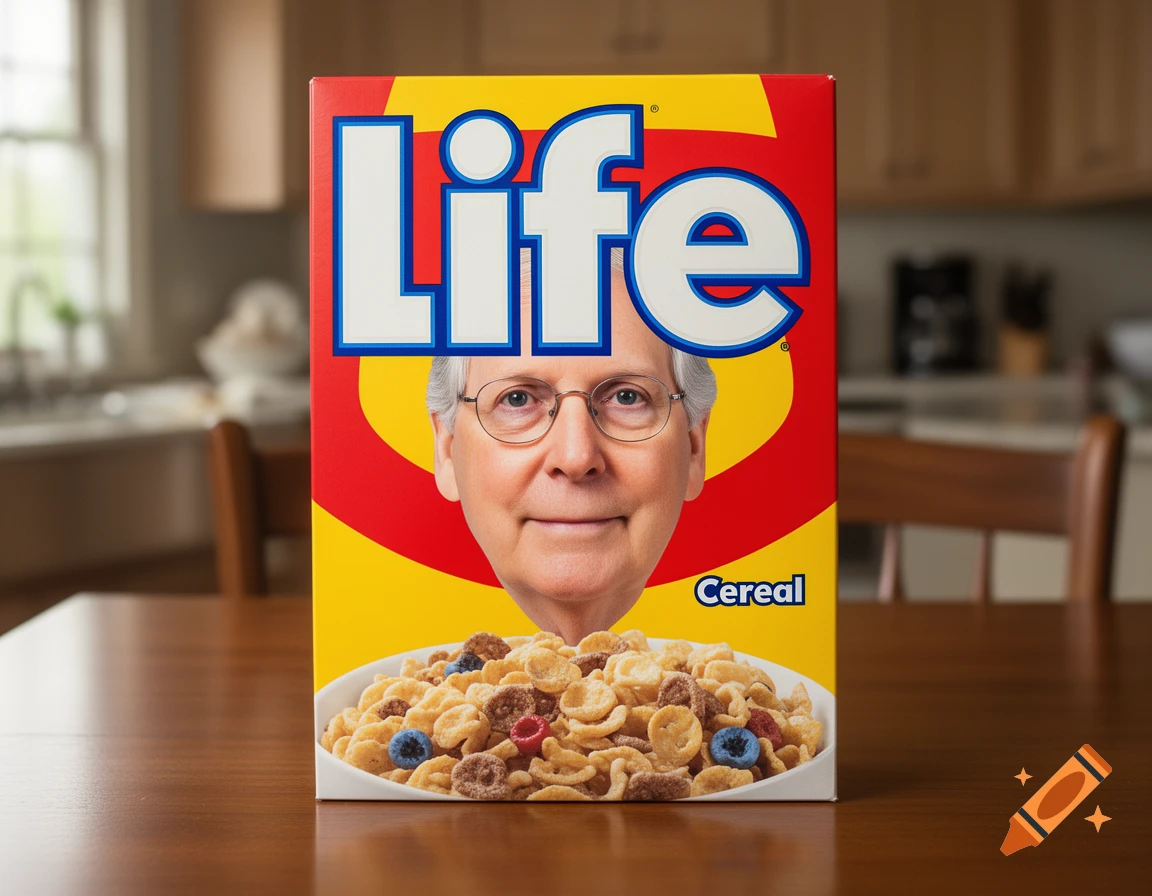 Photorealistic 'LIFE' cereal box with Mitch McConnell's face, on a wooden table in a kitchen setting.