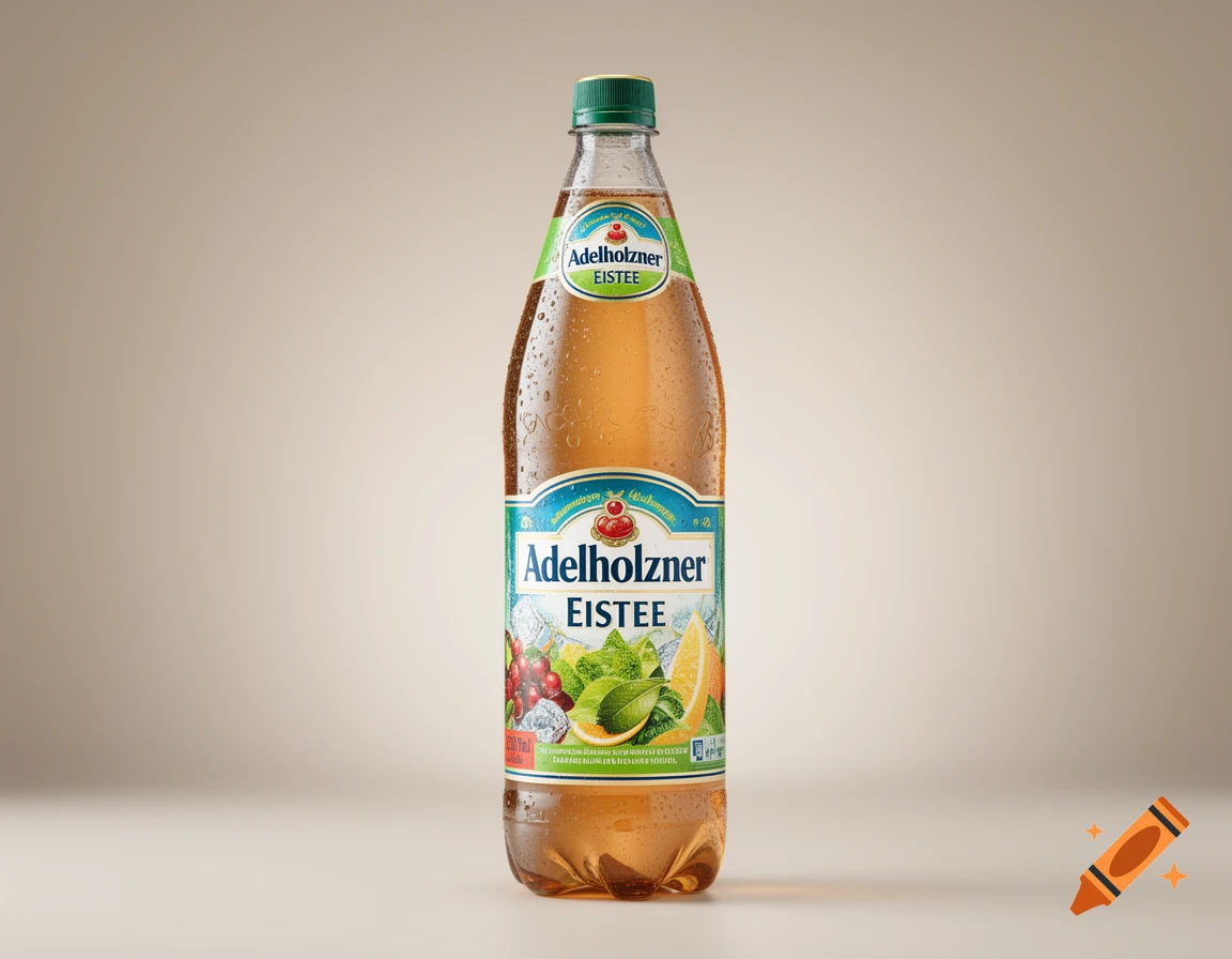 A photorealistic Adelholzner Iced Tea bottle, covered in water droplets, stands against a soft, light background.