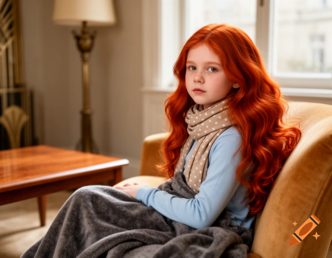 A young girl with long, wavy red hair and freckles sits on a mustard-colored armchair, wrapped in a gray blanket and wearing a polka-dot scarf, looking at the viewer.