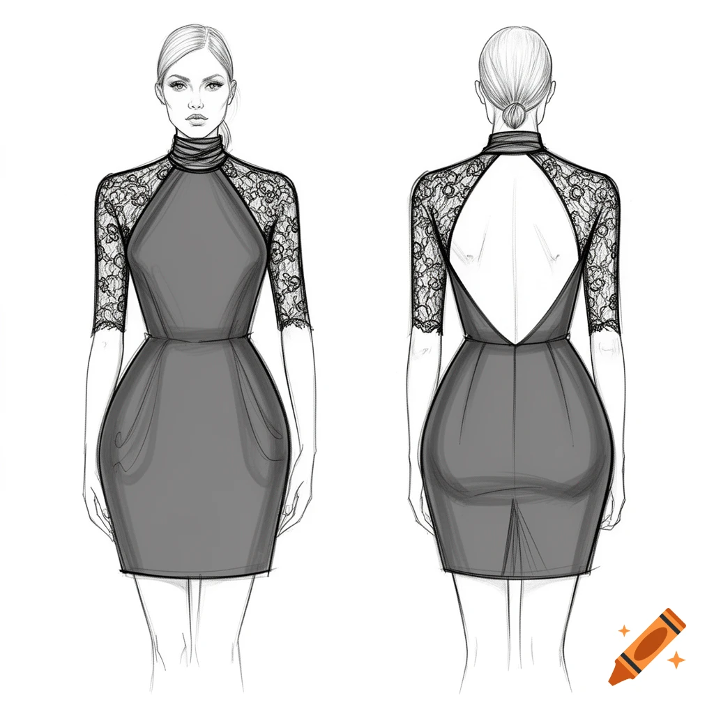 Fashion sketch showing front and back views of an elegant dark short dress with lace sleeves and an open back.