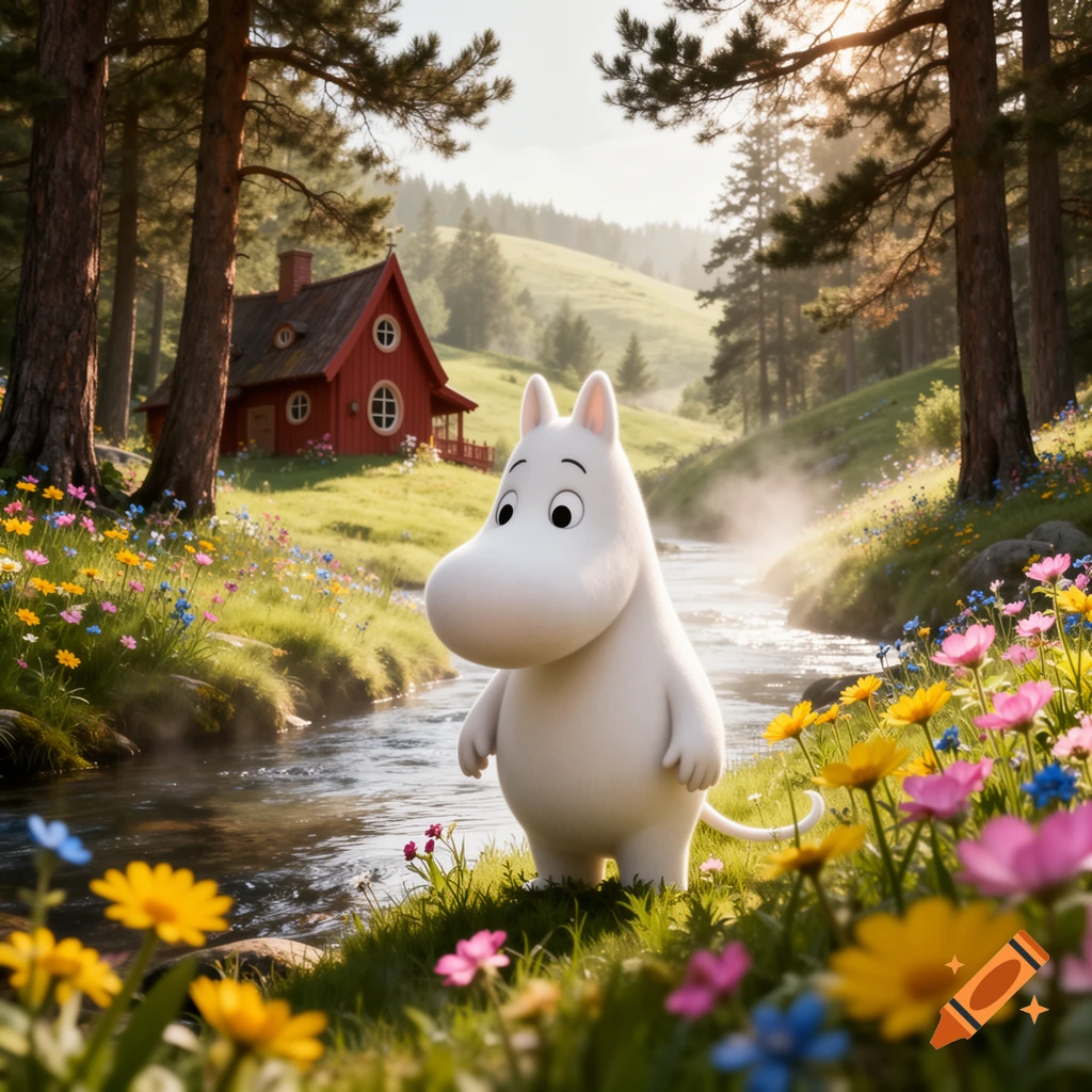 A Moomin stands by a misty river in a lush, flower-filled valley with tall trees and a red house.