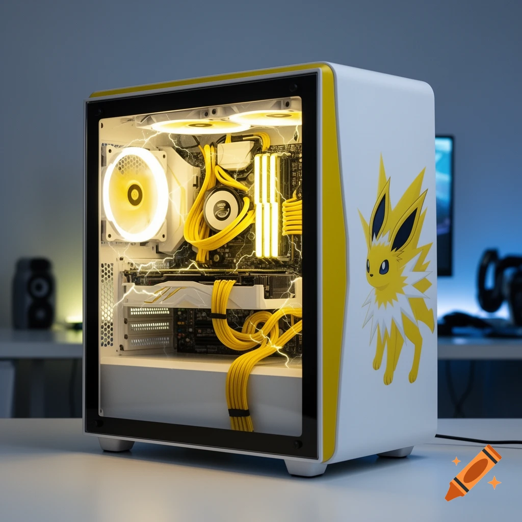 A white and yellow gaming PC case featuring a Jolteon graphic, illuminated with yellow internal lights and electricity effects.