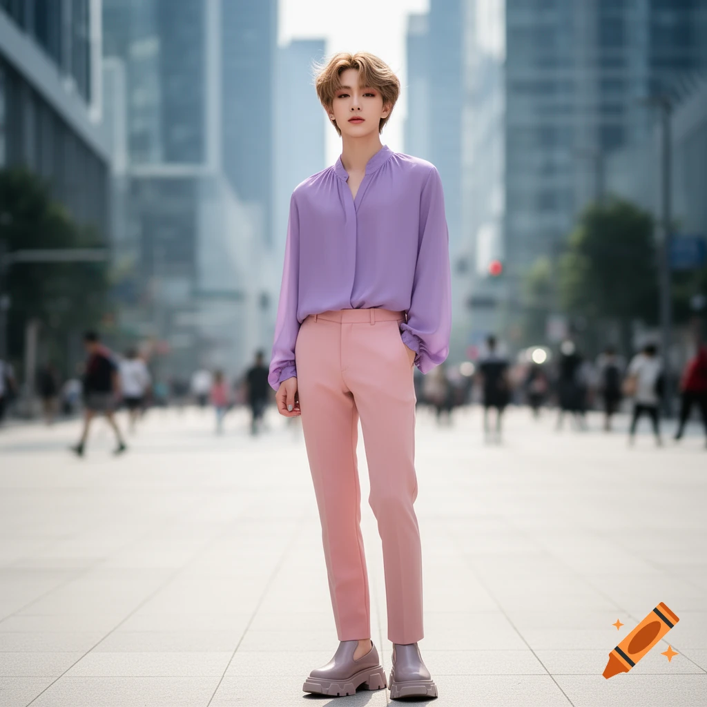 A person in a lavender blouse and pink pants stands on a city sidewalk with blurred buildings behind them.
