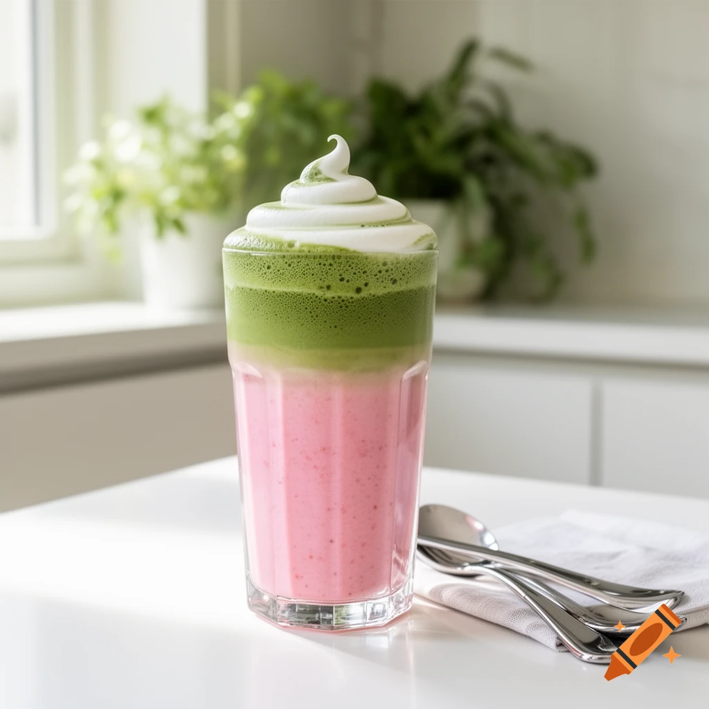 A tall glass of layered pink strawberry and green matcha latte topped with white whipped cream, on a white table with spoons.
