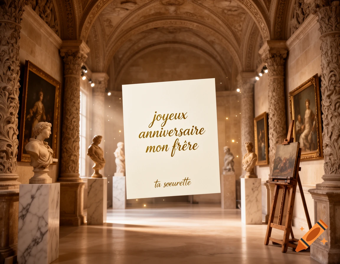 A cream-colored greeting card with French text 'joyeux anniversaire mon frère ta soeurette' floats in an ornate stone art gallery, lit by sunbeams.