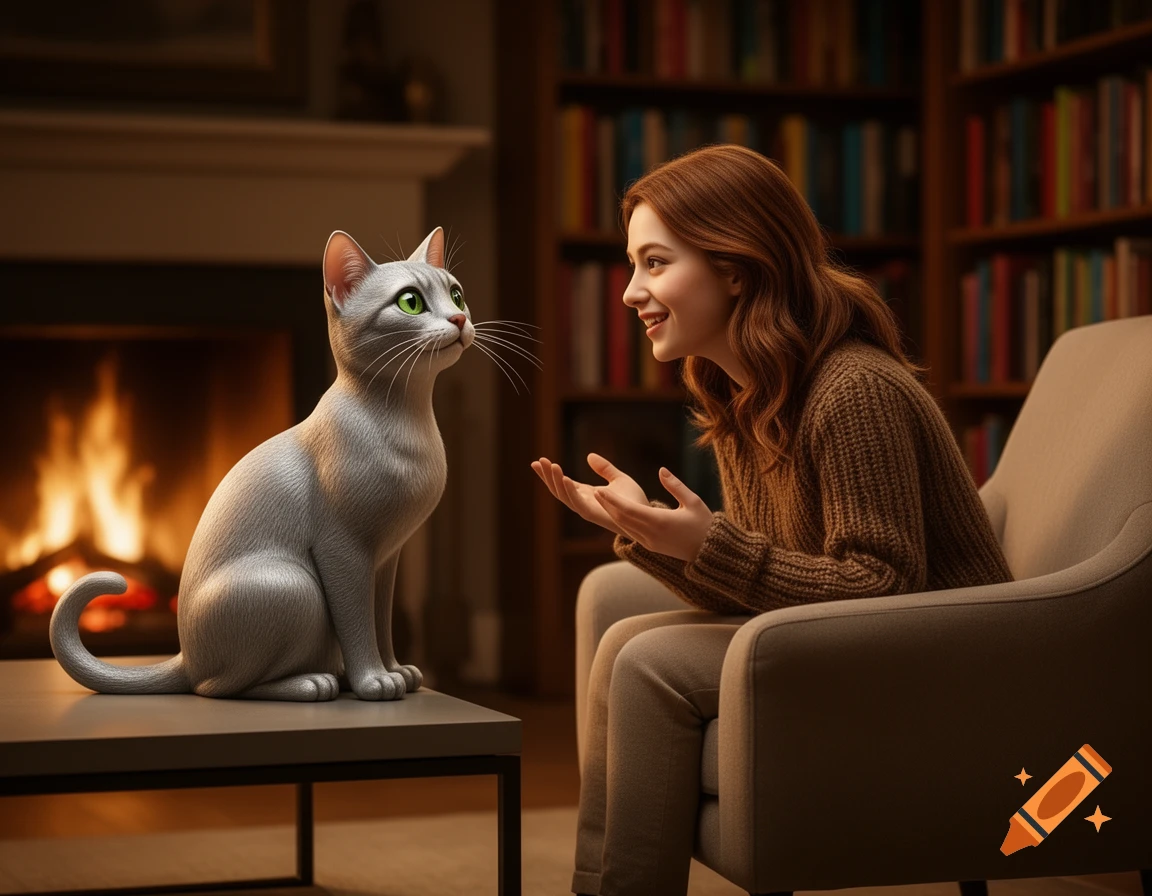A woman gestures towards a grey cat on a table in a cozy living room with a fireplace and bookshelves.