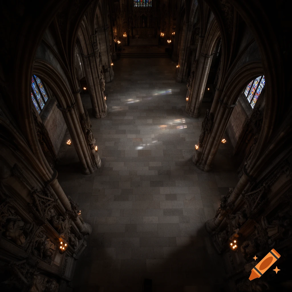 A bird's eye view looking straight down into a dim, empty cathedral interior with gothic arches and stained glass windows.