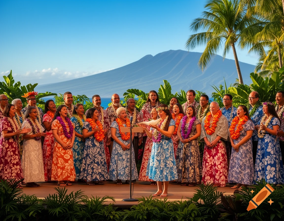 A multiracial chorus sings outdoors on a stage in Hawaii, wearing floral clothing and leis, with a mountain and ocean in the background.