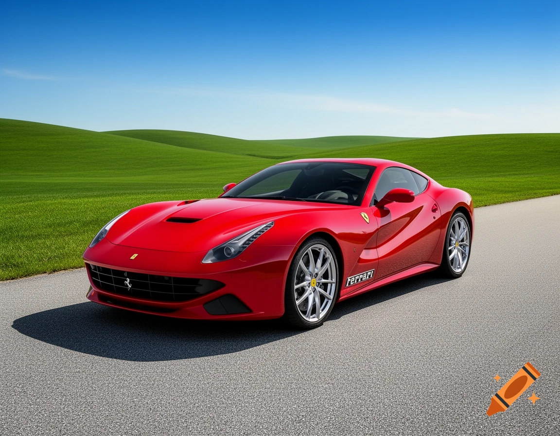 A red Ferrari sports car is parked on a paved road with rolling green hills and a clear blue sky in the background, photorealistic style.