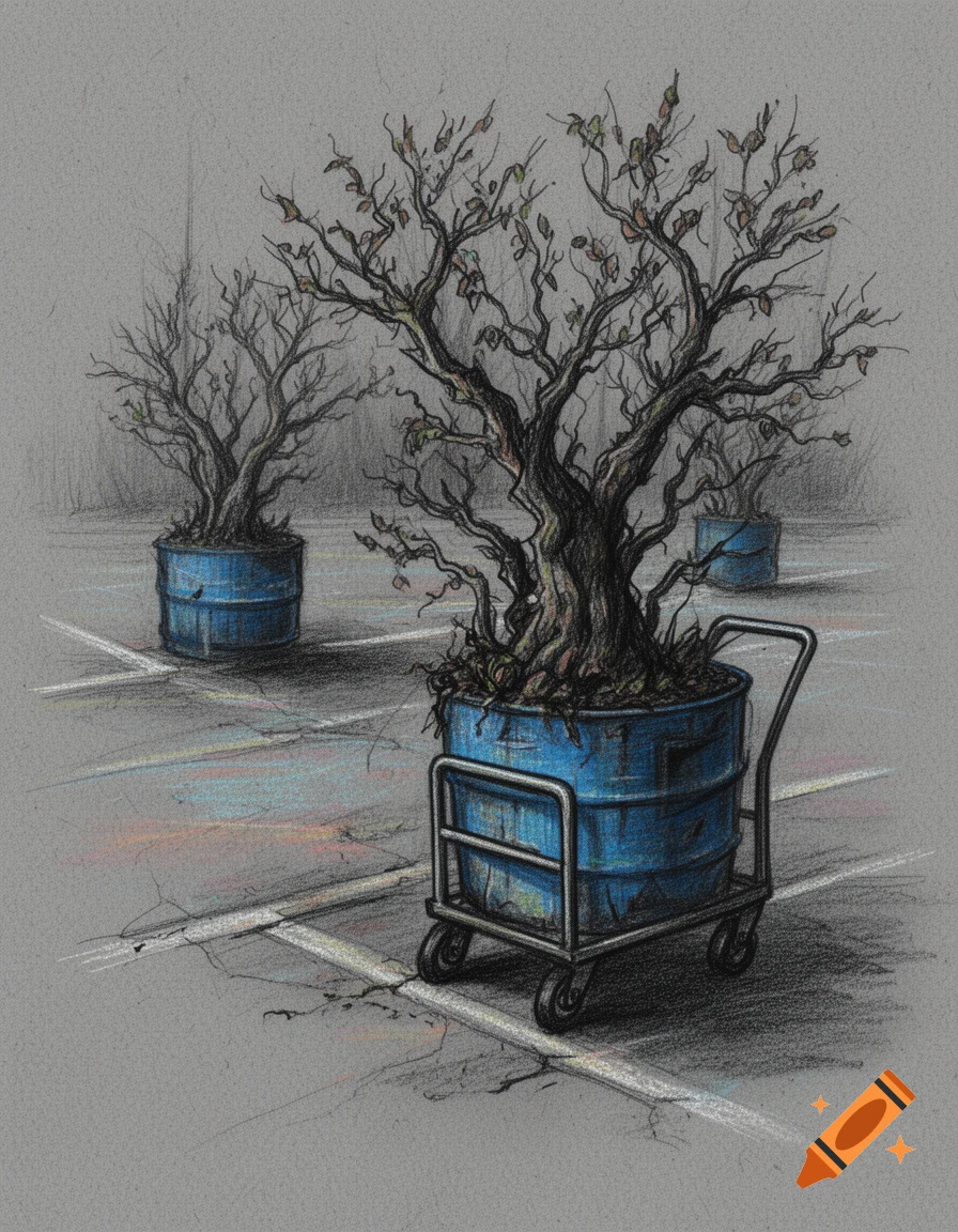 Charcoal and pastel drawing of twisted trees in vibrant blue industrial barrels on wheeled carts in a stark concrete parking lot.
