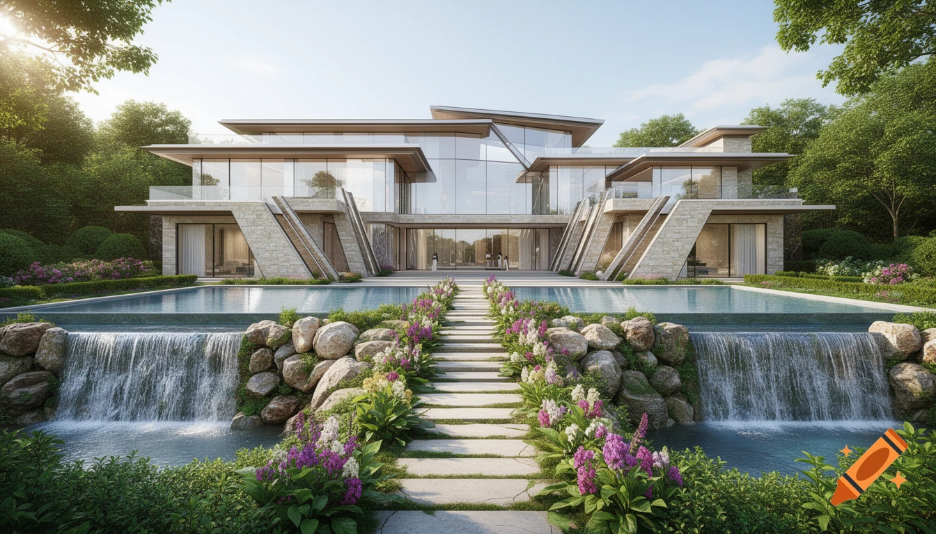 A stunning, super modern, asymmetrical luxury mansion of glass and stone with a pool, tiered waterfalls, and a landscaped path.