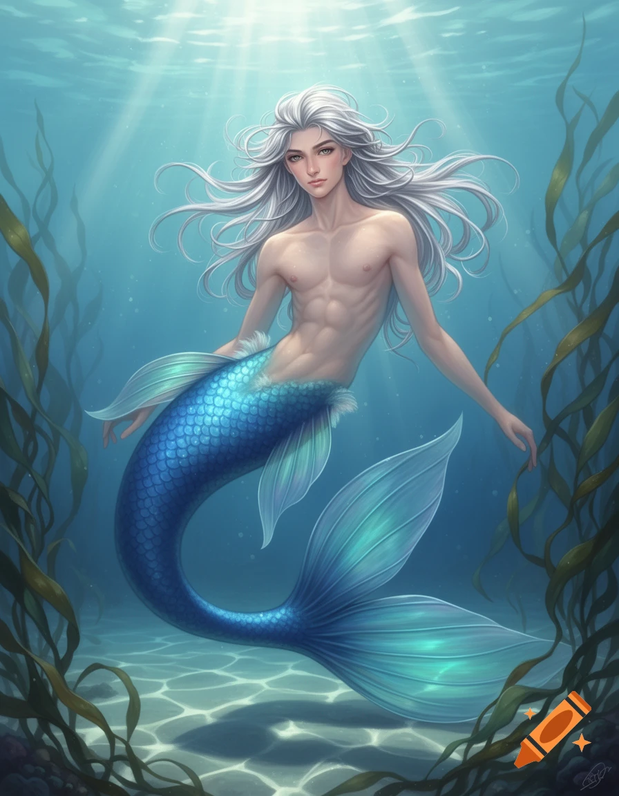 A skinny merman with long silver hair and a shimmering blue tail swims gracefully underwater, surrounded by kelp and dappled light.