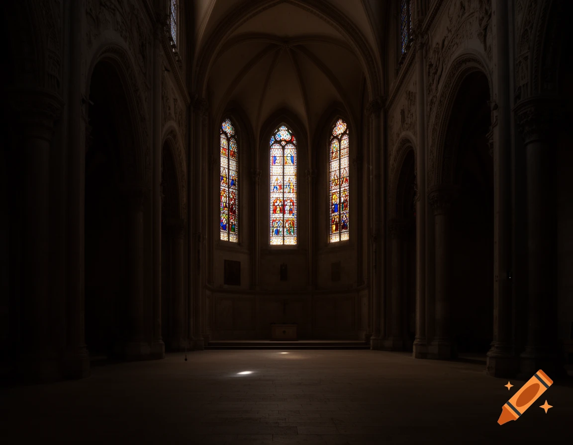 Photorealistic interior of a dark, empty cathedral with light streaming through ornate stained glass windows onto the floor.