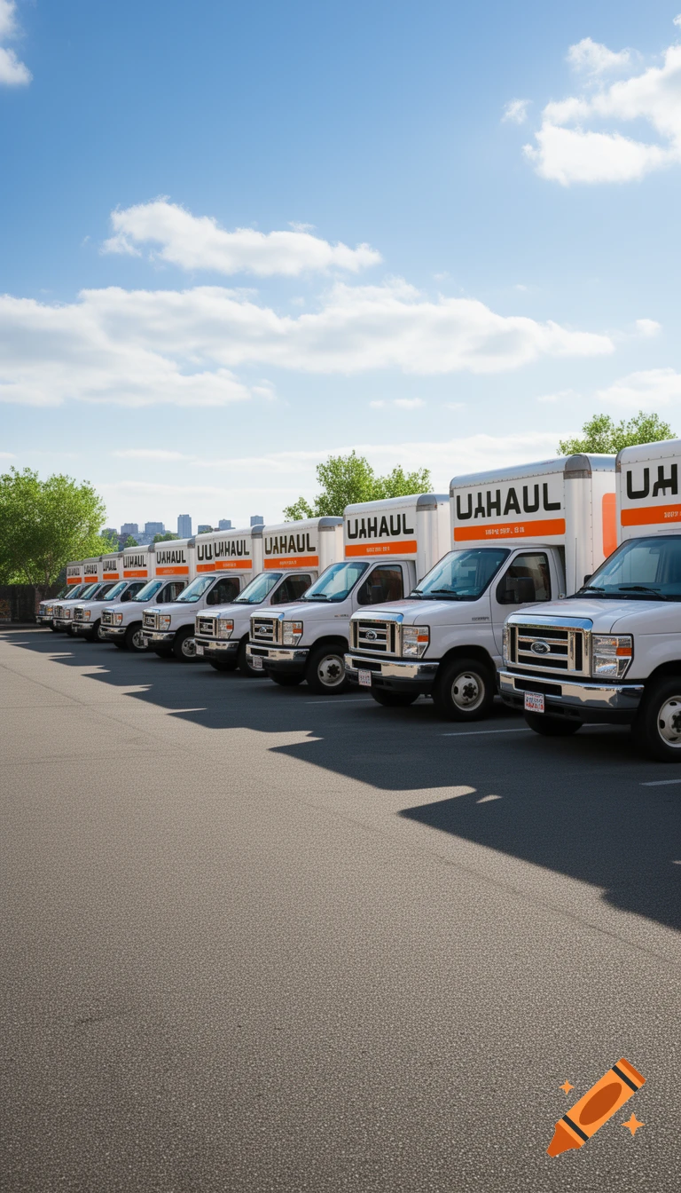 A photorealistic image of a line of white U-Haul moving trucks parked in an asphalt lot under a blue sky with some clouds.