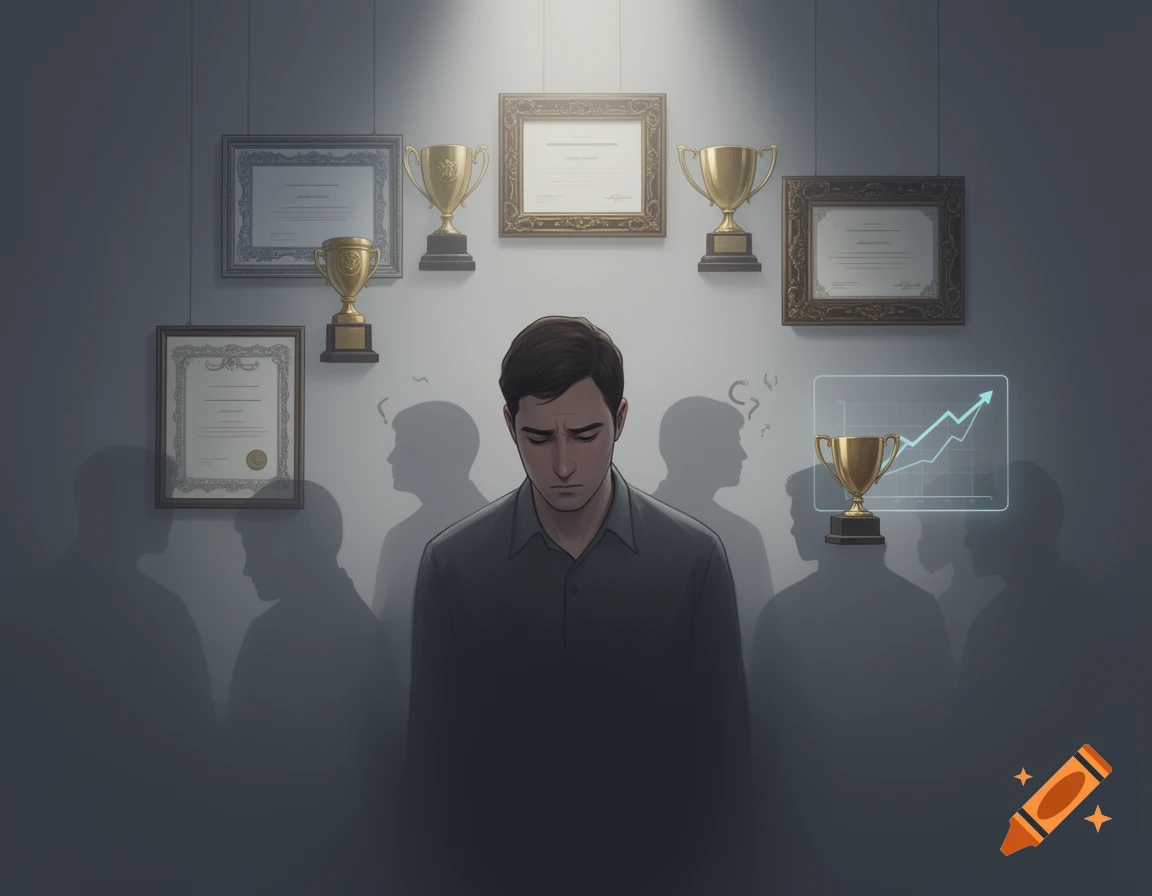 Illustrative conceptual art of a man looking down, surrounded by awards and success metrics, with shadowy figures representing doubt.