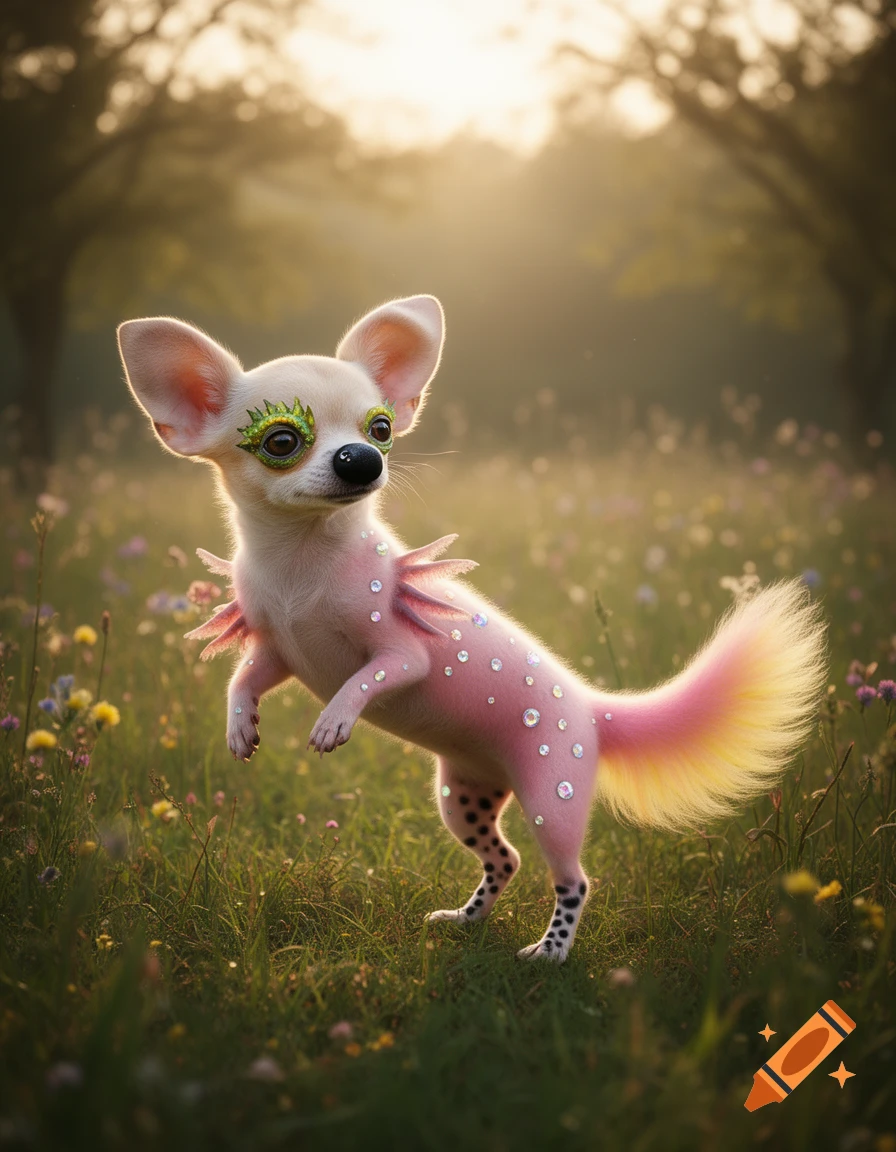 A whimsical chihuahua-like creature with pink skin, glittering gems, green eye makeup, and a fluffy pink and yellow tail stands in a sunlit field of wildflowers.