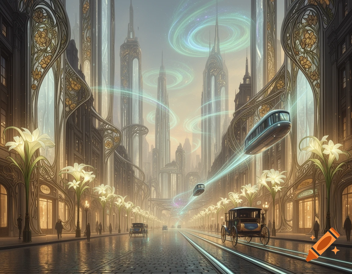 An Art Nouveau-inspired futuristic city street with ornate buildings, glowing lily lampposts, and flying trains passing an antique car.