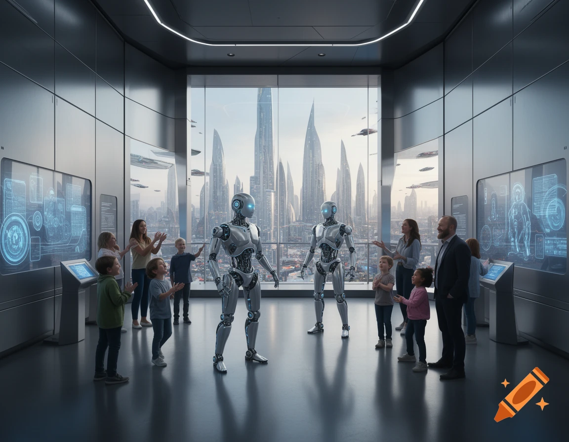 Two robots interact with a diverse group of people, including children, in a futuristic museum with large screens and a city skyline visible through a window.