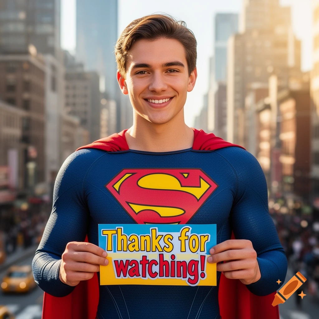A smiling young man in a Superman suit holds a 'Thanks for watching!' sign on a sunny city street.
