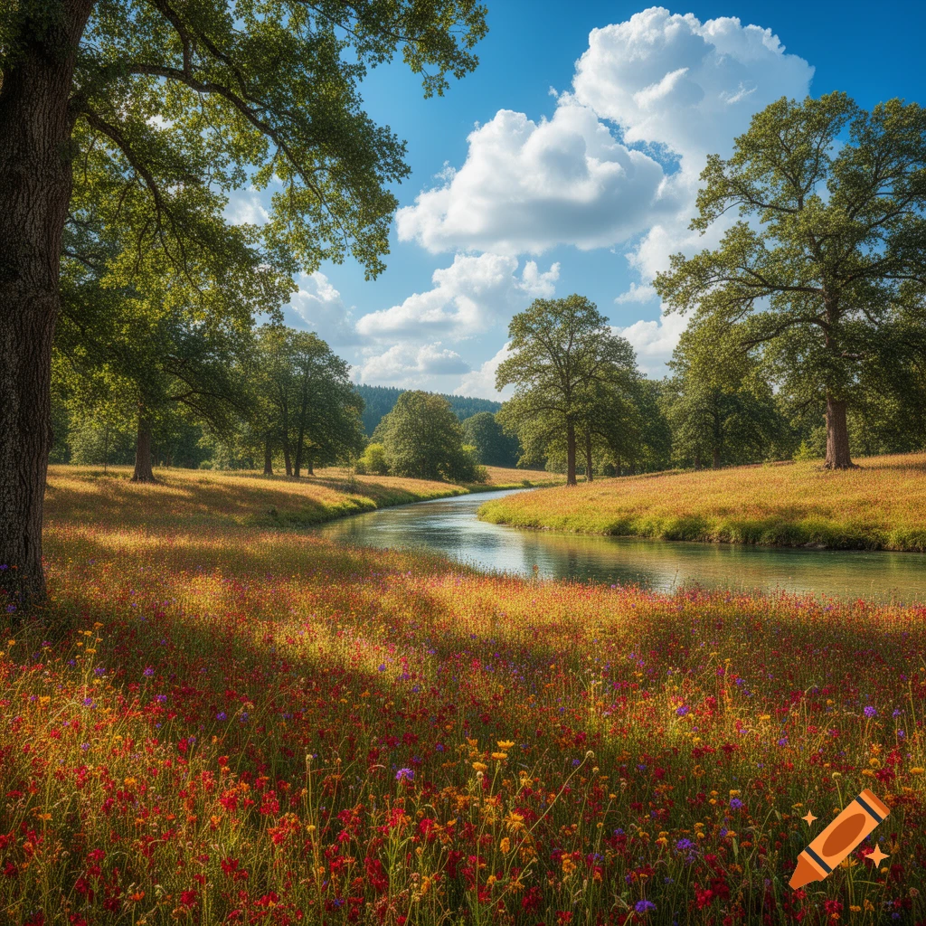 A winding river flows through a sunlit meadow filled with colorful wildflowers, surrounded by lush trees under a blue sky.