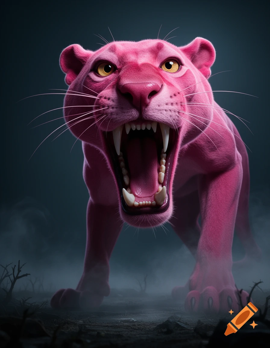 A stylized pink panther with yellow eyes roars, mouth wide open with sharp teeth, in a dark, misty setting.