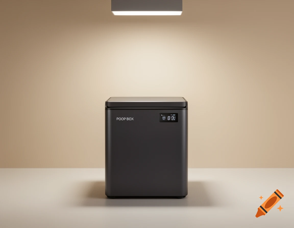 A dark gray minimalist 'POOP BOX' appliance with a digital display showing '8:90' sits on a table under a light.