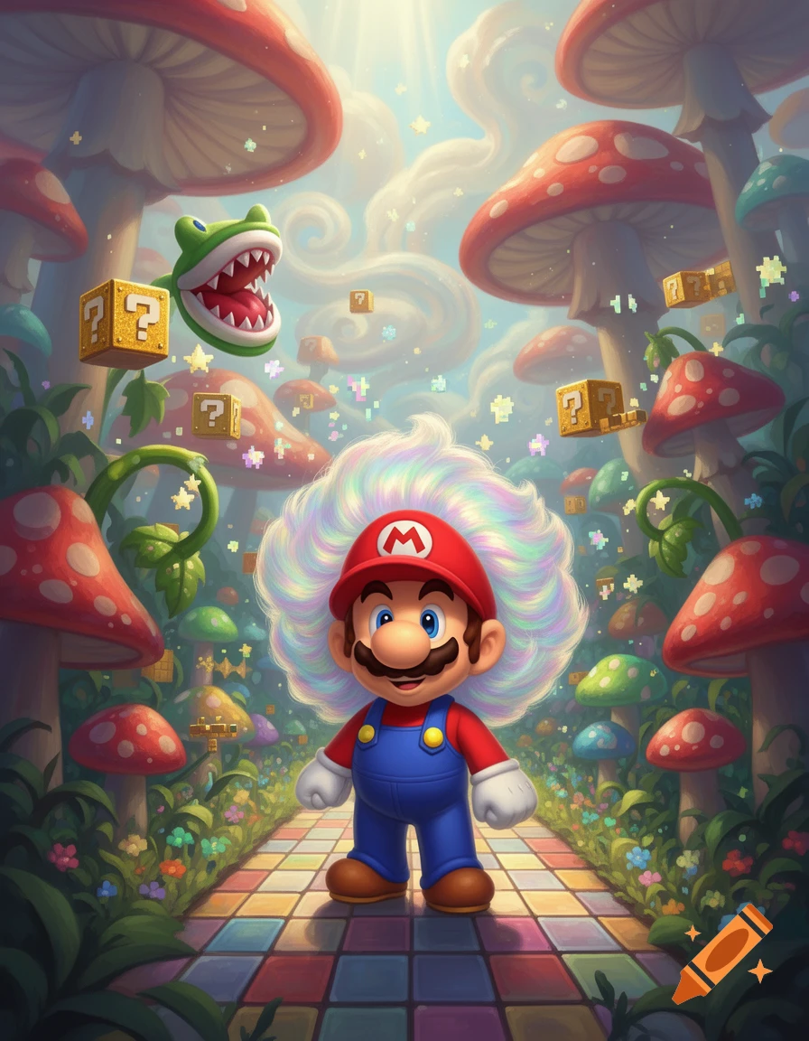 Movie Mario with fluffy rainbow hair on a checkered path in a vibrant mushroom kingdom with floating question blocks and a Piranha Plant.