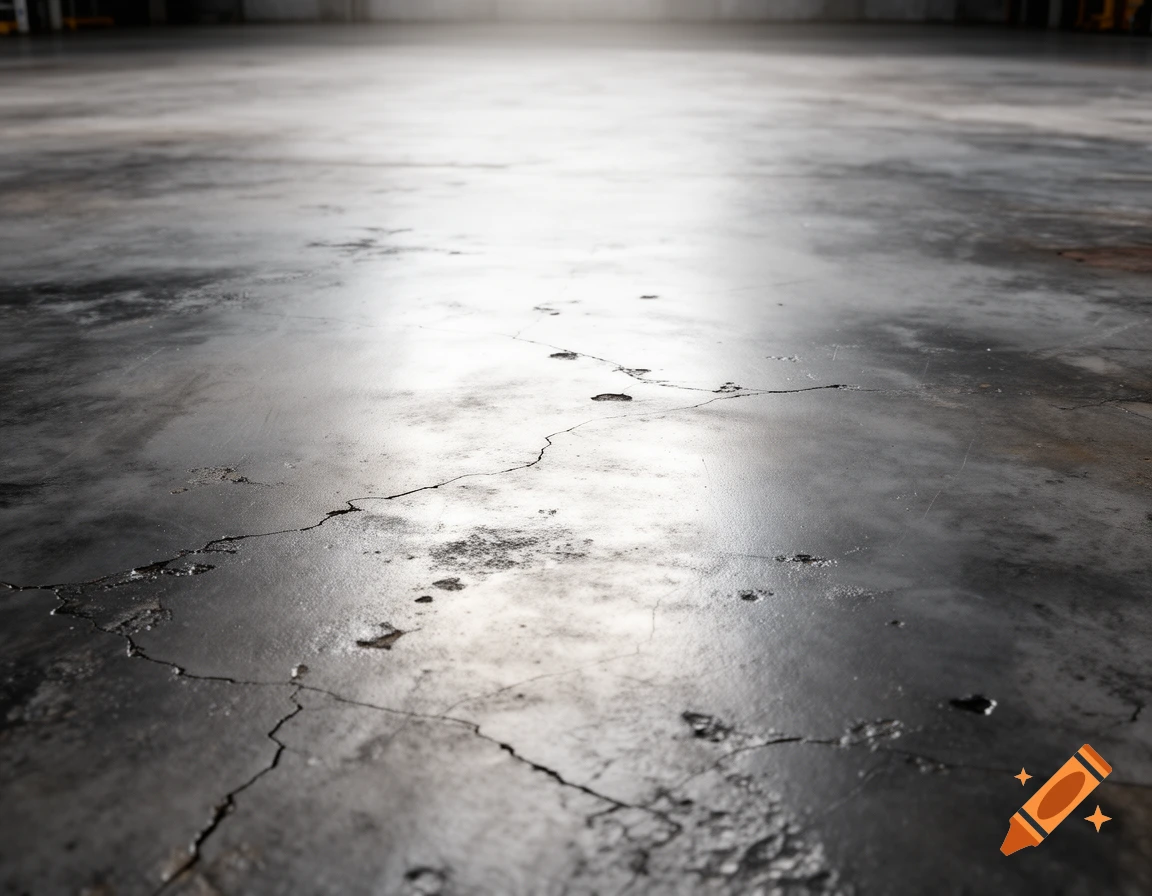 Close-up, low-angle view of a worn and cracked concrete floor with reflective patches of light.