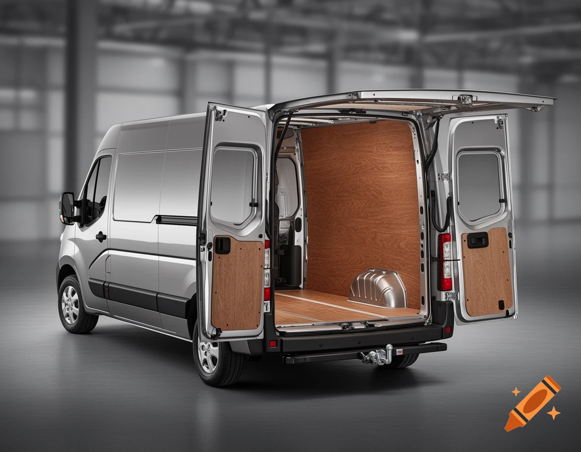Photorealistic silver delivery van with open rear doors showing a wooden cargo interior and a trailer hitch, parked indoors.