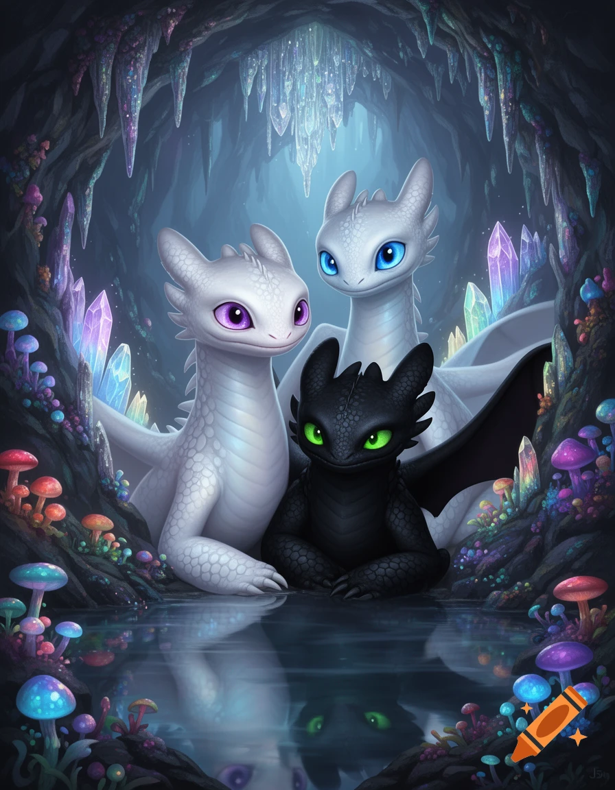Two white Light Furies and a black Night Fury sit by reflective water in a cave with glowing crystals and colorful mushrooms.