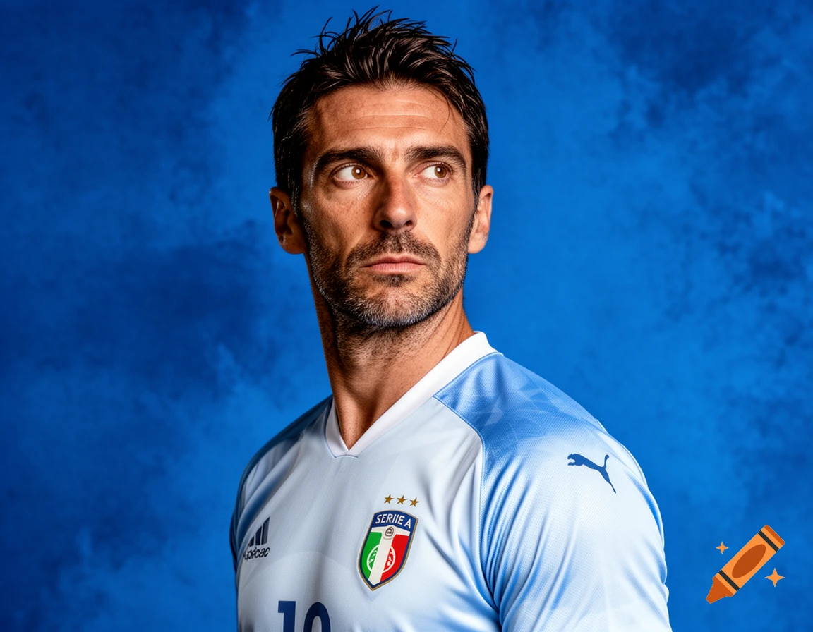 A man resembling Gianluigi Buffon in a light blue football jersey with the Italia national team crest, standing against a textured blue background. Photorealistic style.