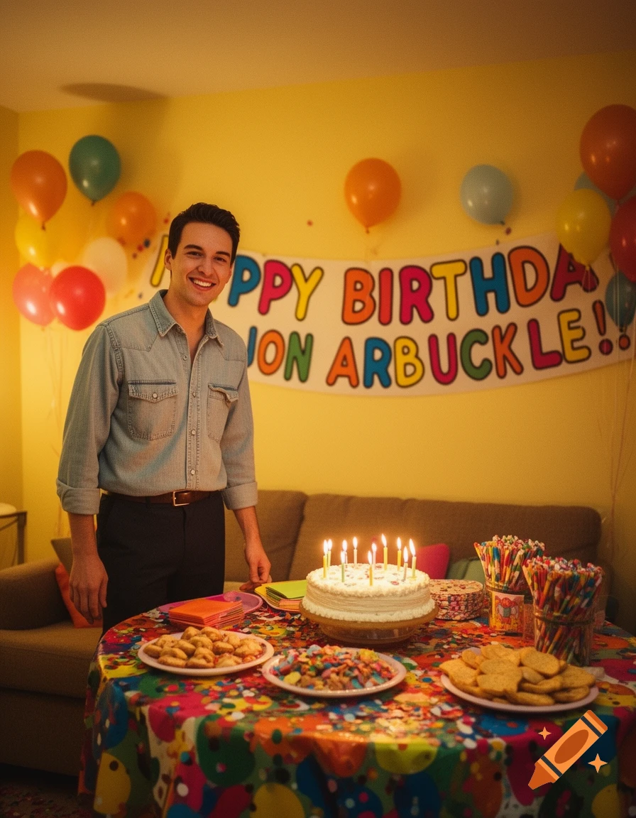 A smiling man stands in front of a colorful "Happy Birthday Jon Arbuckle!" banner, with a cake and treats on a table.