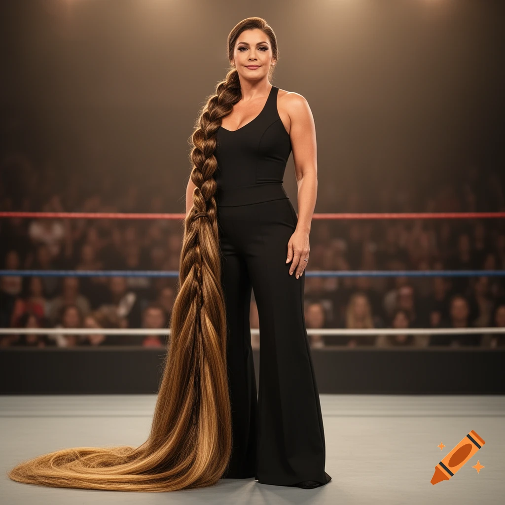 A photorealistic image of a woman in a black jumpsuit with an extremely long braided ponytail, standing in a wrestling ring.