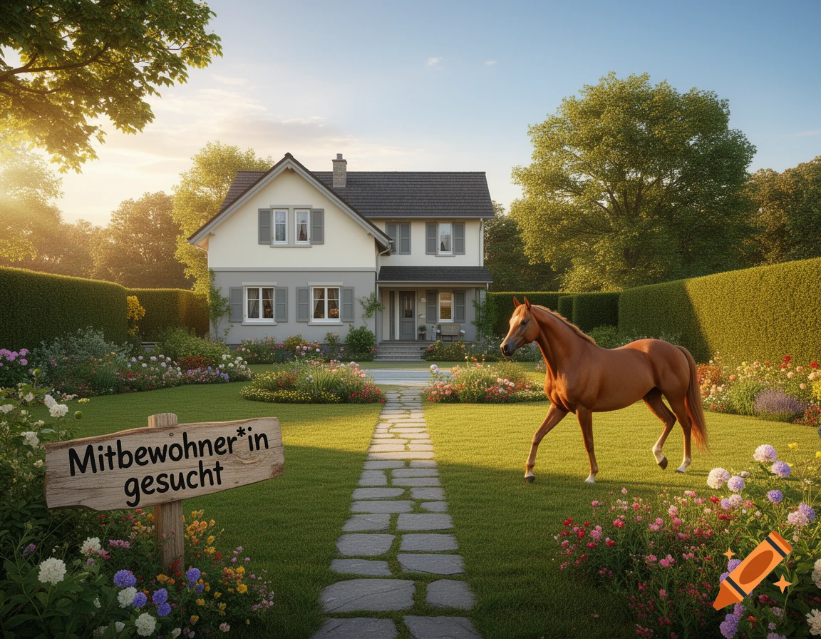 Photorealistic suburban house with lush garden, chestnut horse, and a sign reading 'Mitbewohner*in gesucht' in German.
