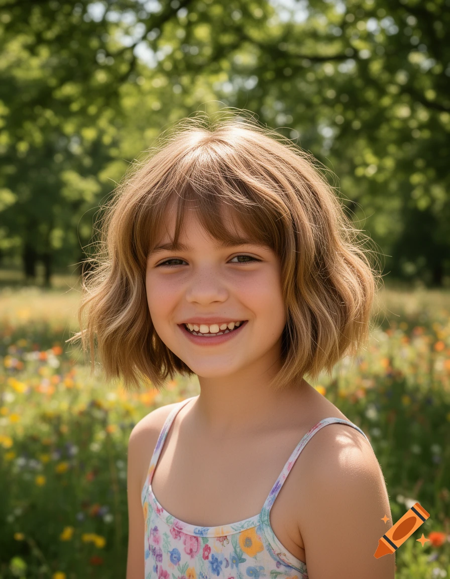 A smiling young girl with short brown wavy hair in a floral dress stands in a sunlit field of wildflowers with trees in the background.