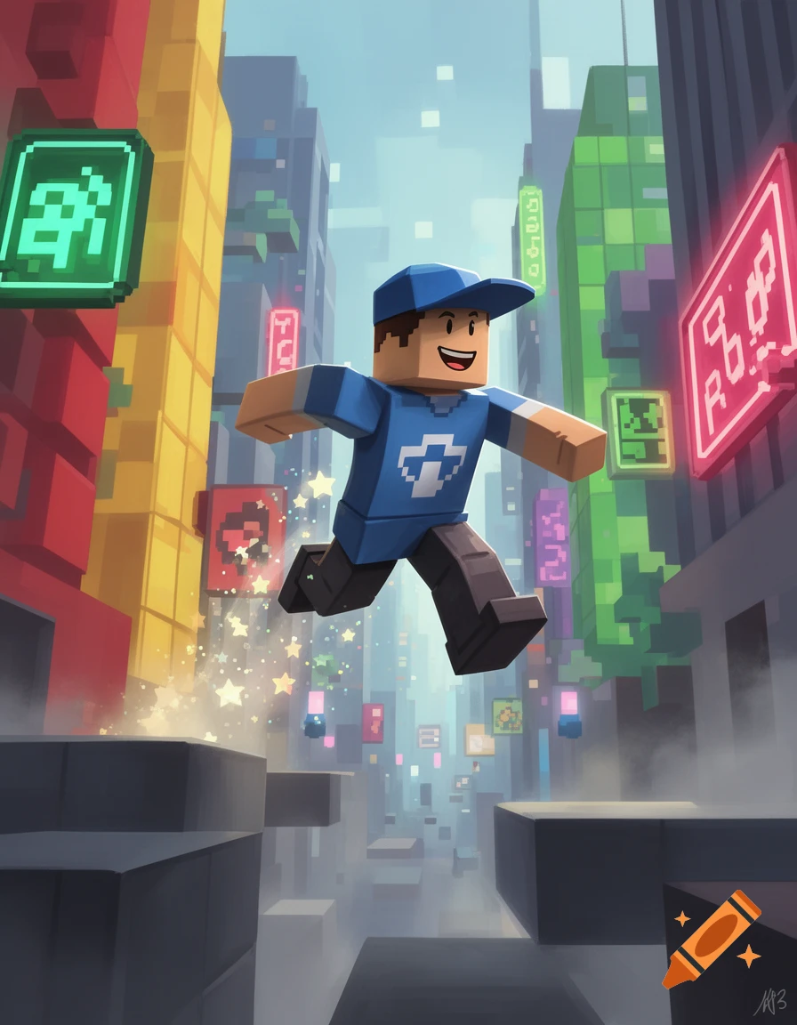 A blocky Roblox-style character with a blue shirt and cap jumps over ledges in a vibrant, pixelated city with neon signs.