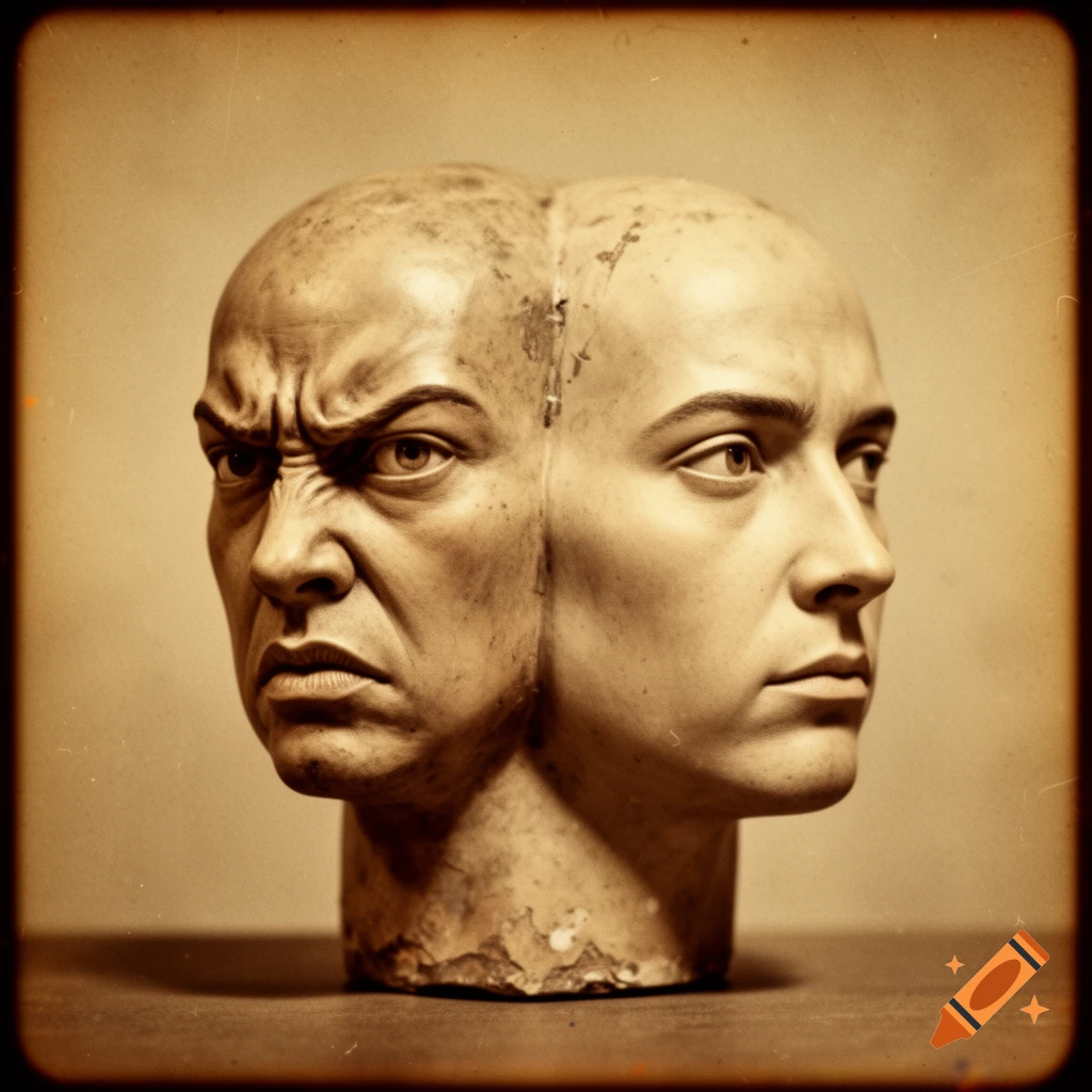 A retro sepia-toned sculpture of a two-faced head, one angry and one indifferent.