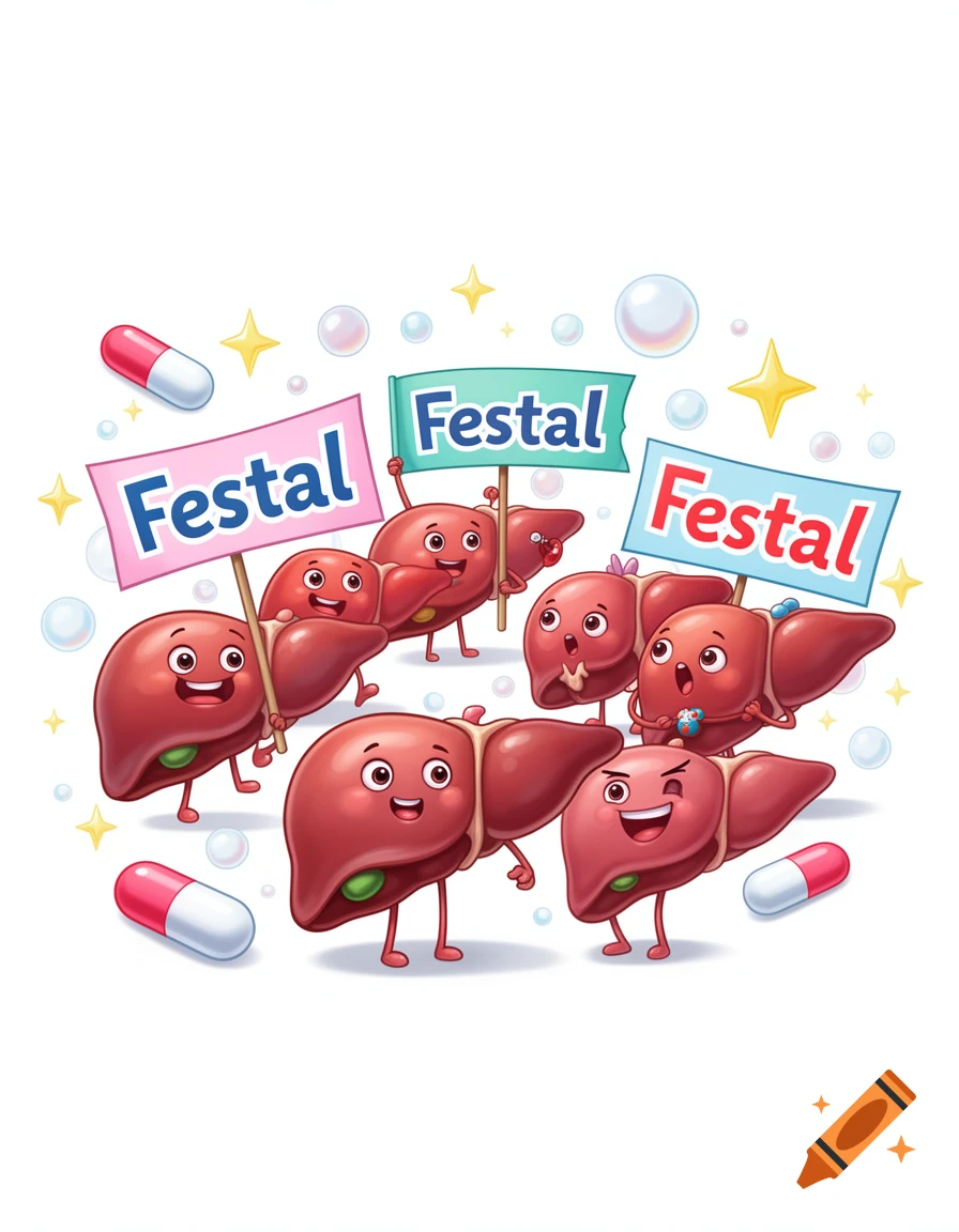 A group of smiling cartoon livers holding banners that read 'Festal', surrounded by floating pills, stars, and bubbles in a cheerful illustration.