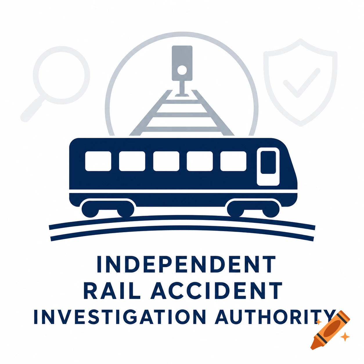 A minimalist, flat vector logo on a white background, featuring a dark blue train car on railway tracks. Subtle light gray icons of a railway signal, magnifying glass, and shield are in the background. The text reads: INDEPENDENT RAIL ACCIDENT INVESTIGATION AUTHORITY.