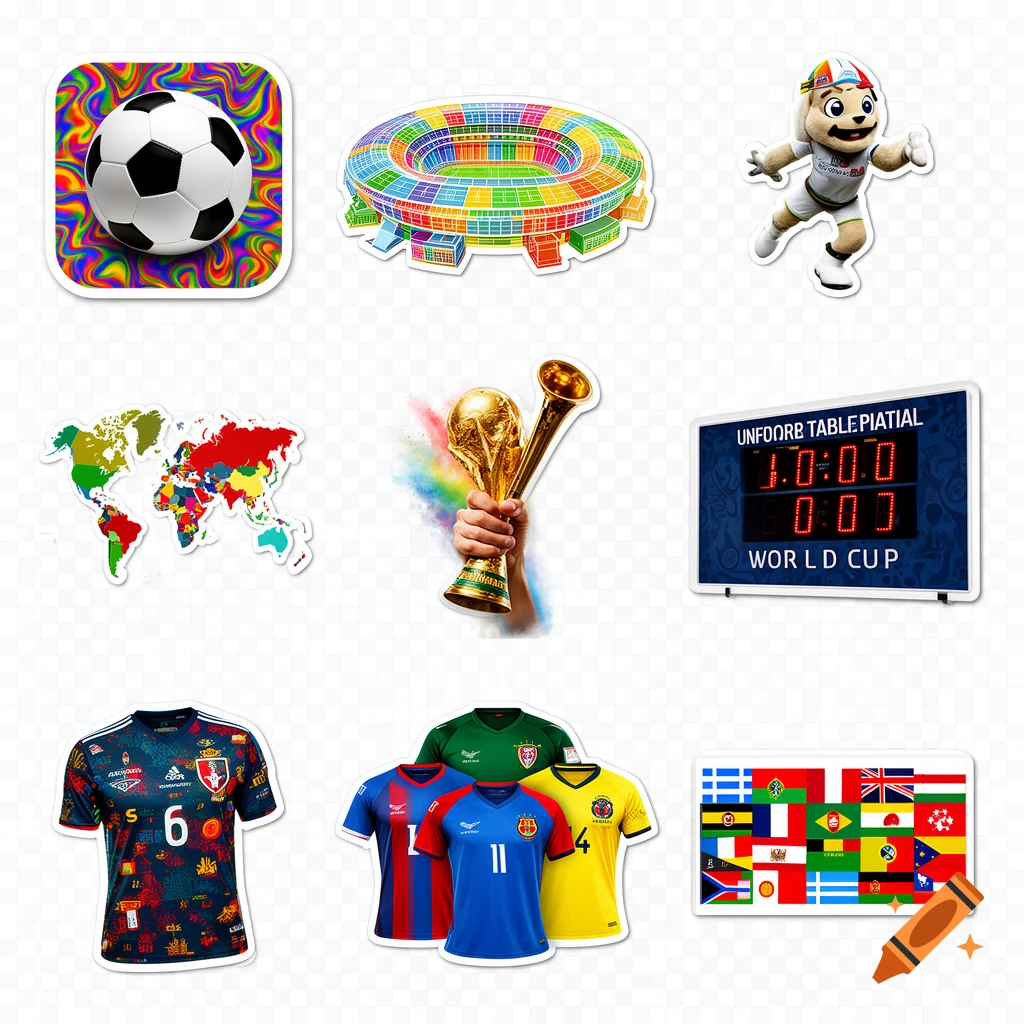 Collection of World Cup-themed stickers including a soccer ball, a colorful stadium, a mascot, a world map, a golden trophy, a scoreboard, various national jerseys, and a collage of national flags.