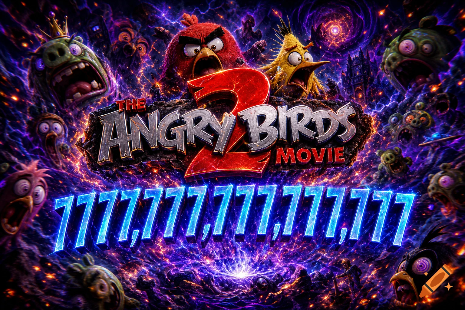 Angry Birds 2 movie poster featuring Red, Chuck, and pigs amidst cosmic energy, with glowing blue '777,777,777,777,777' text.
