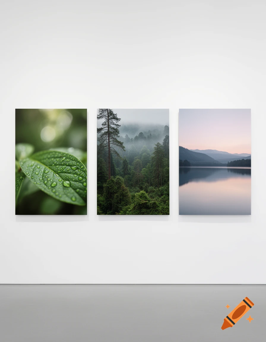 Three nature-themed art prints hanging on a white wall: a close-up leaf with water drops, a misty forest, and a tranquil lake with mountains.