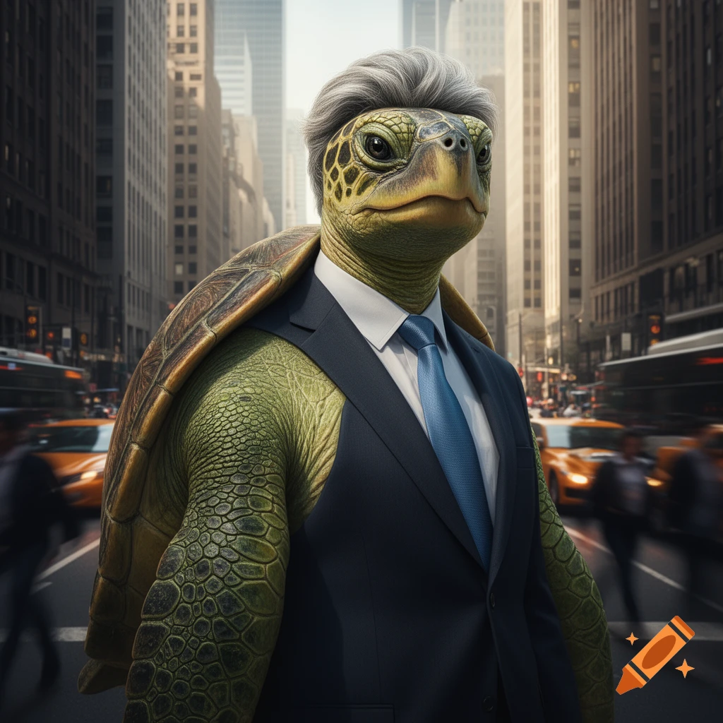 A photorealistic anthropomorphic turtle with grey hair, wearing a dark suit and blue tie, stands on a busy city street with blurred buildings and traffic.