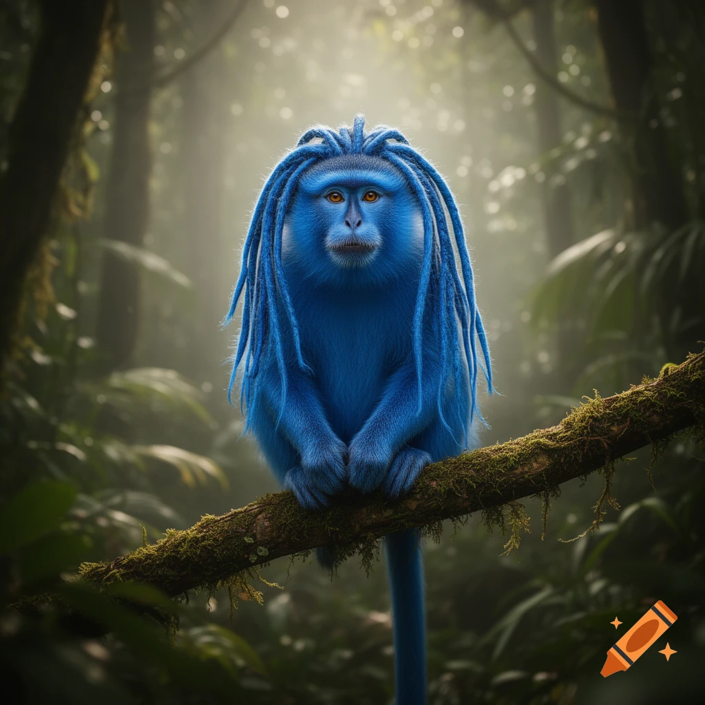 A vibrant blue monkey with long blue dreadlocks sits on a mossy branch in a misty jungle.