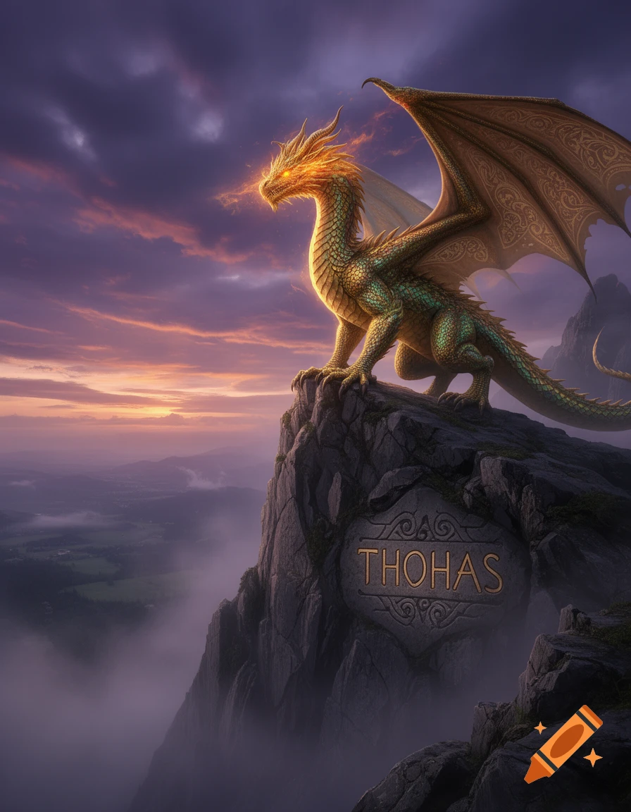 A majestic golden and green dragon stands atop a rocky mountain peak at sunset, with the name "THOHAS" carved into the rock.