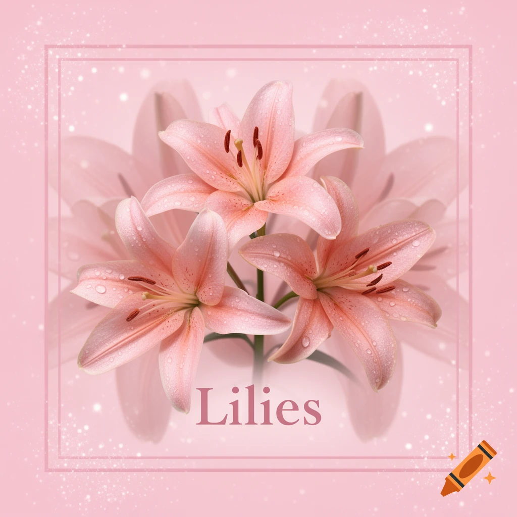 Three pink lilies with dewdrops in a pink frame, on a glittery pink background with faint lily shapes and 'Lilies' text.