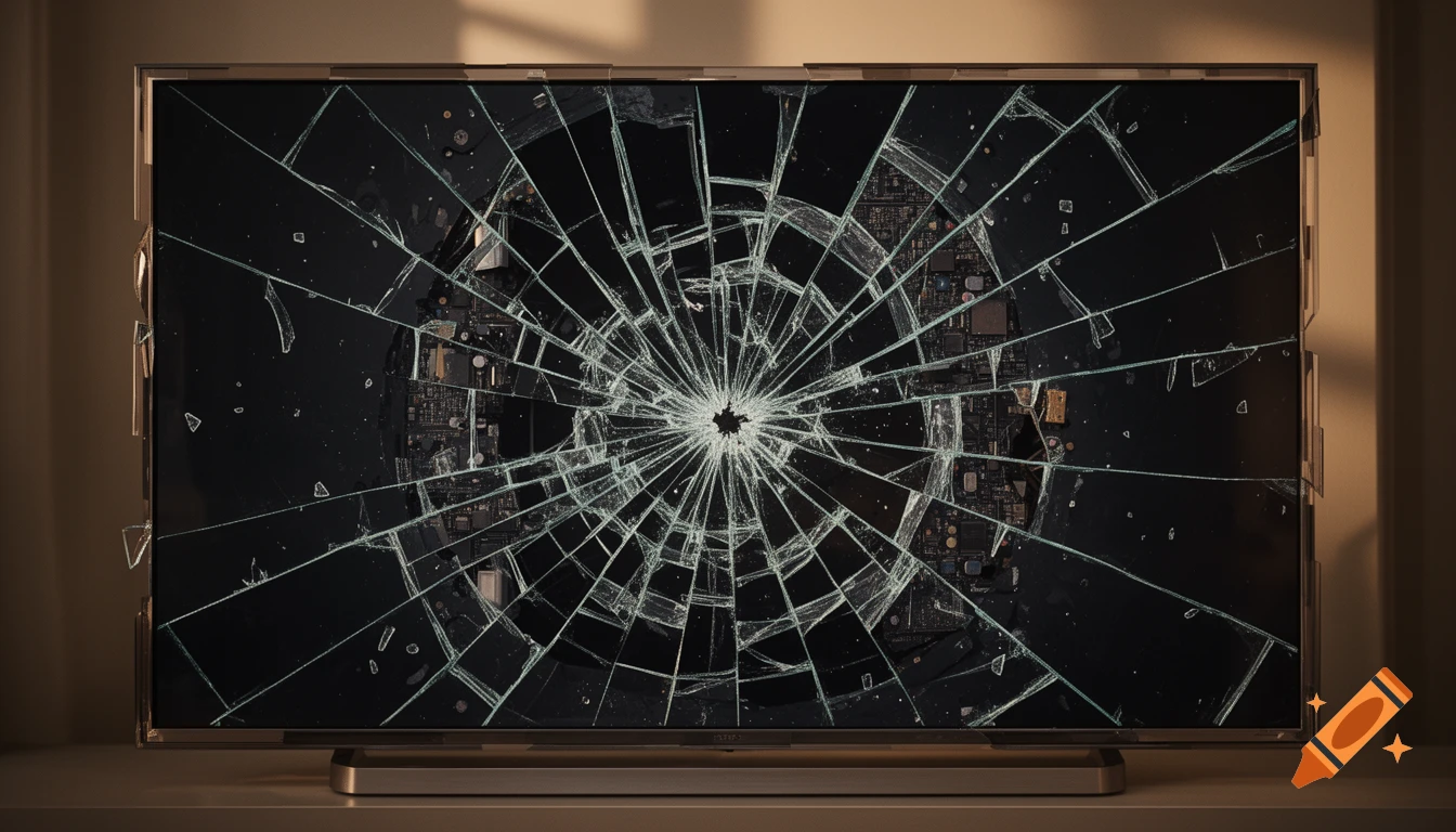 A flat-screen TV with a shattered screen, showing intricate spiderweb cracks radiating from a central impact point, revealing circuitry underneath.
