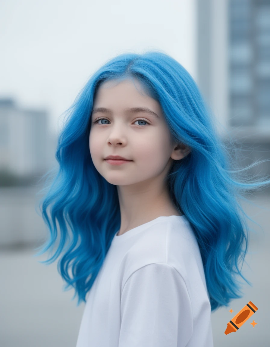 Photorealistic portrait of a young girl with bright blue wavy hair, wearing a white t-shirt, looking forward.