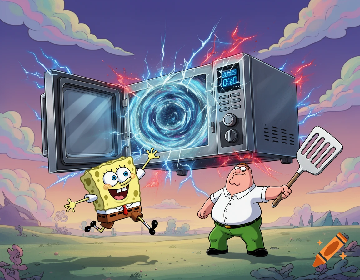 Cartoon Spongebob and Peter Griffin battling a floating microwave monster emitting blue and red lightning and a portal.